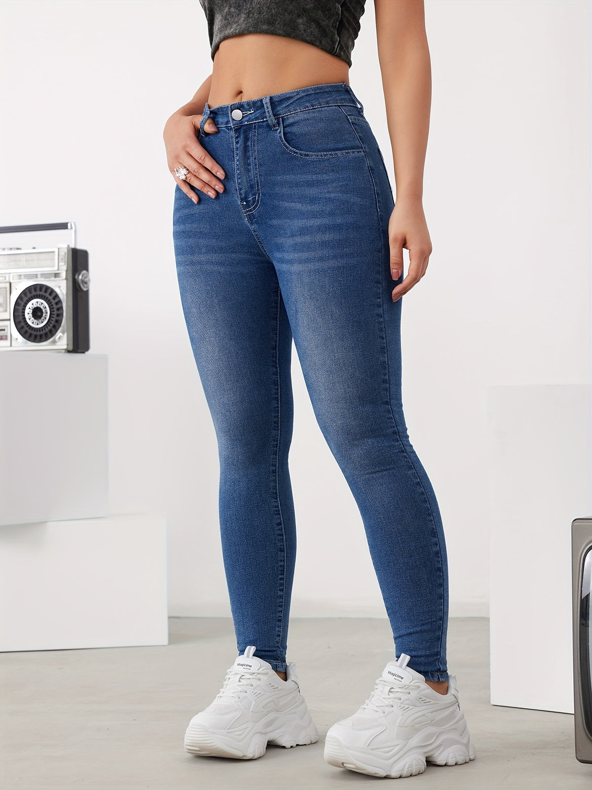 Calça Jeans Skinny Feminina Cintura Alta Alta Elasticidade