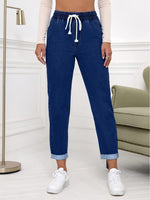 Calça Jeans Feminina Cintura Elástica com Barra Dobrada Azul