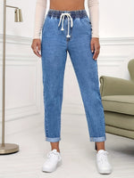 Calça Jeans Feminina Cintura Elástica com Barra Dobrada Azul