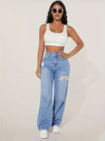 Calça Jeans Feminina Wide Leg Cintura Alta Destroyed Azul Claro