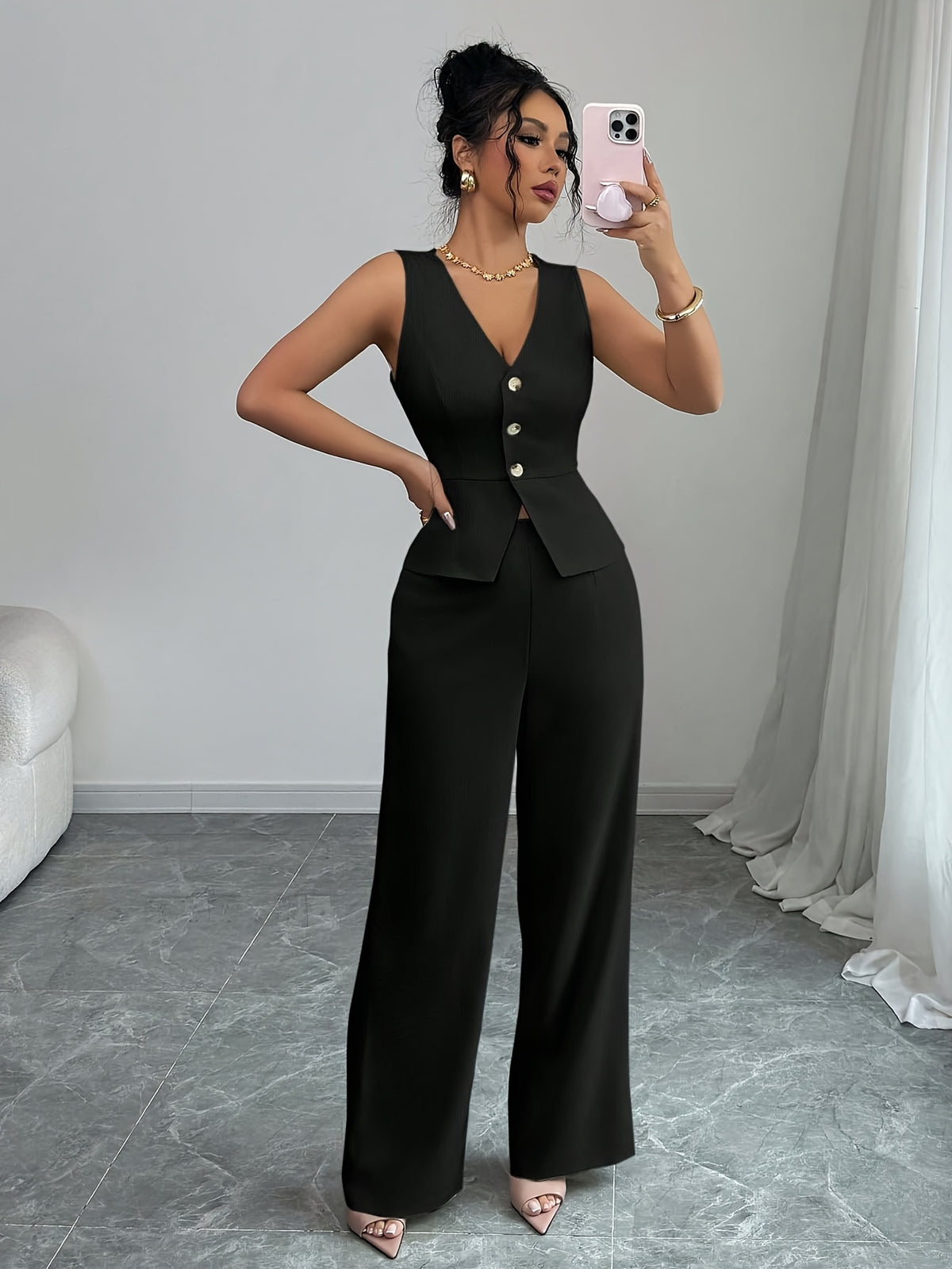 Conjunto Feminino 2 Peças Colete e Calça Pantalona Elegante