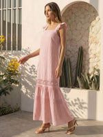 Vestido Longo Feminino de Alça com Decote Quadrado e Saia em Camadas