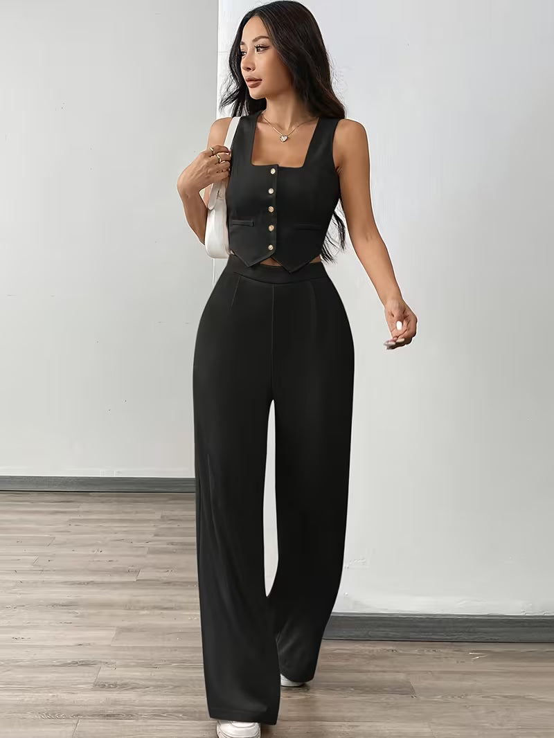Conjunto Feminino 2 Peças Top com Botões e Calça Social