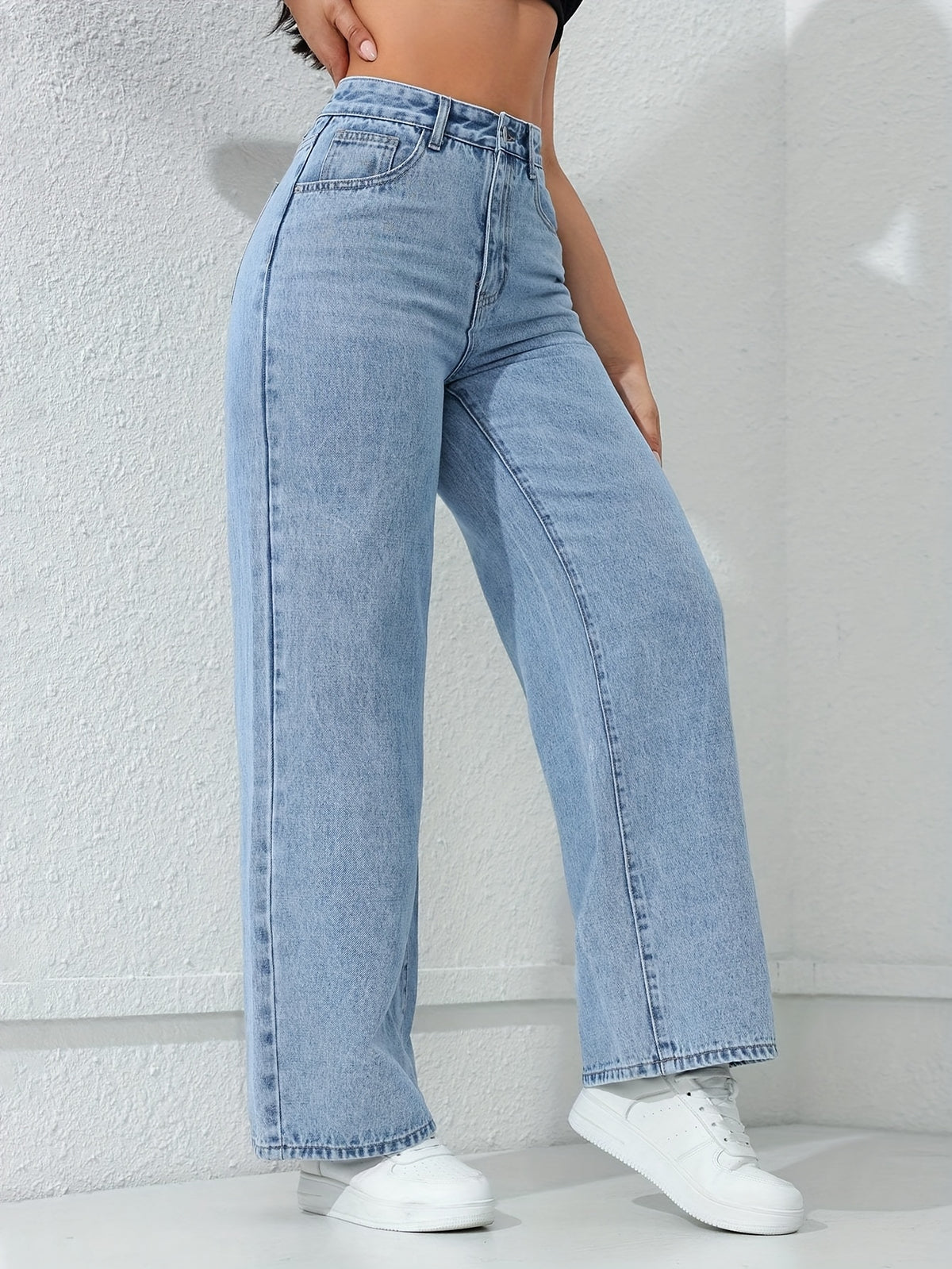 Calça Jeans Feminina Wide Leg Cintura Alta Azul Claro