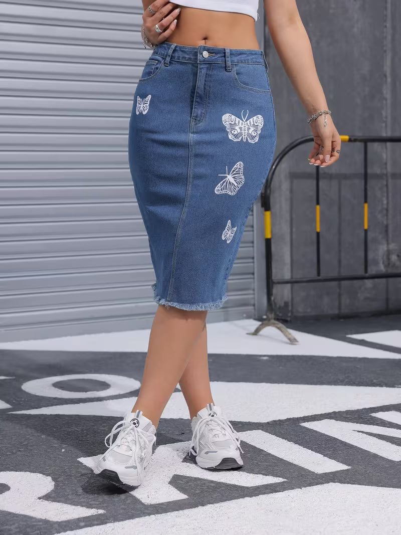 Saia Jeans Midi Justa Feminina com Estampa de Borboleta