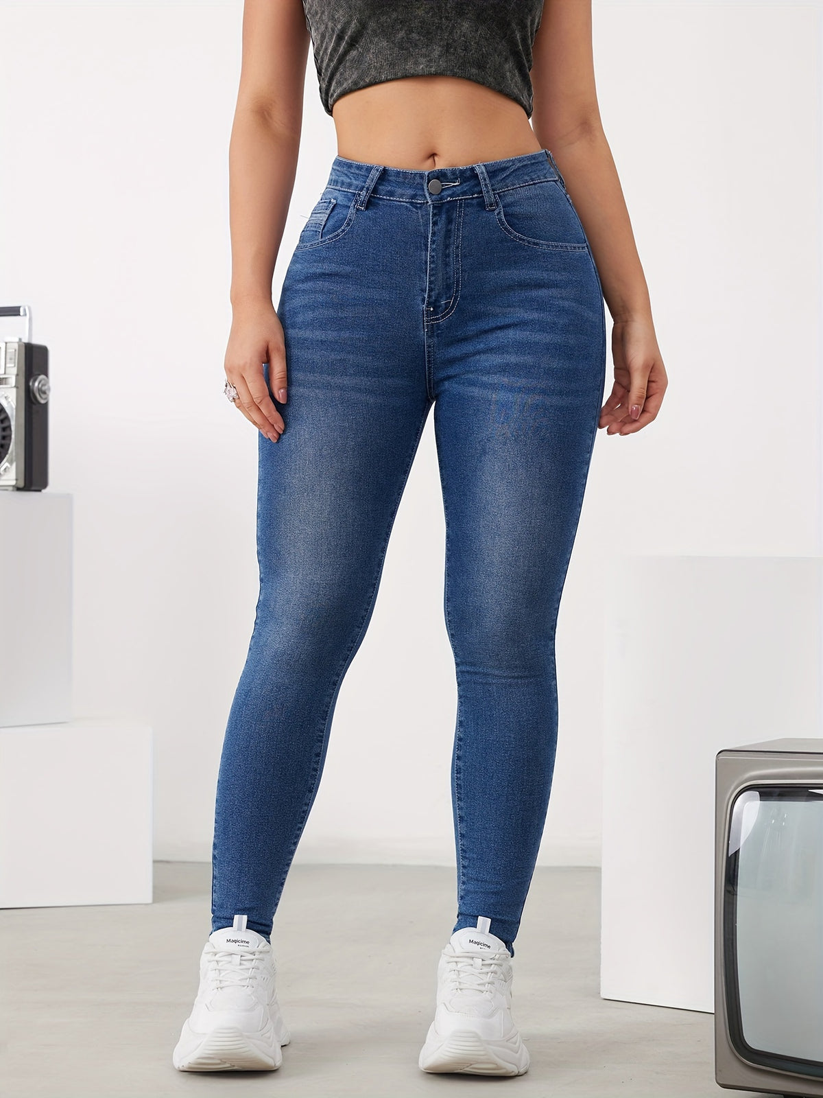 Calça Jeans Skinny Feminina Cintura Alta Alta Elasticidade