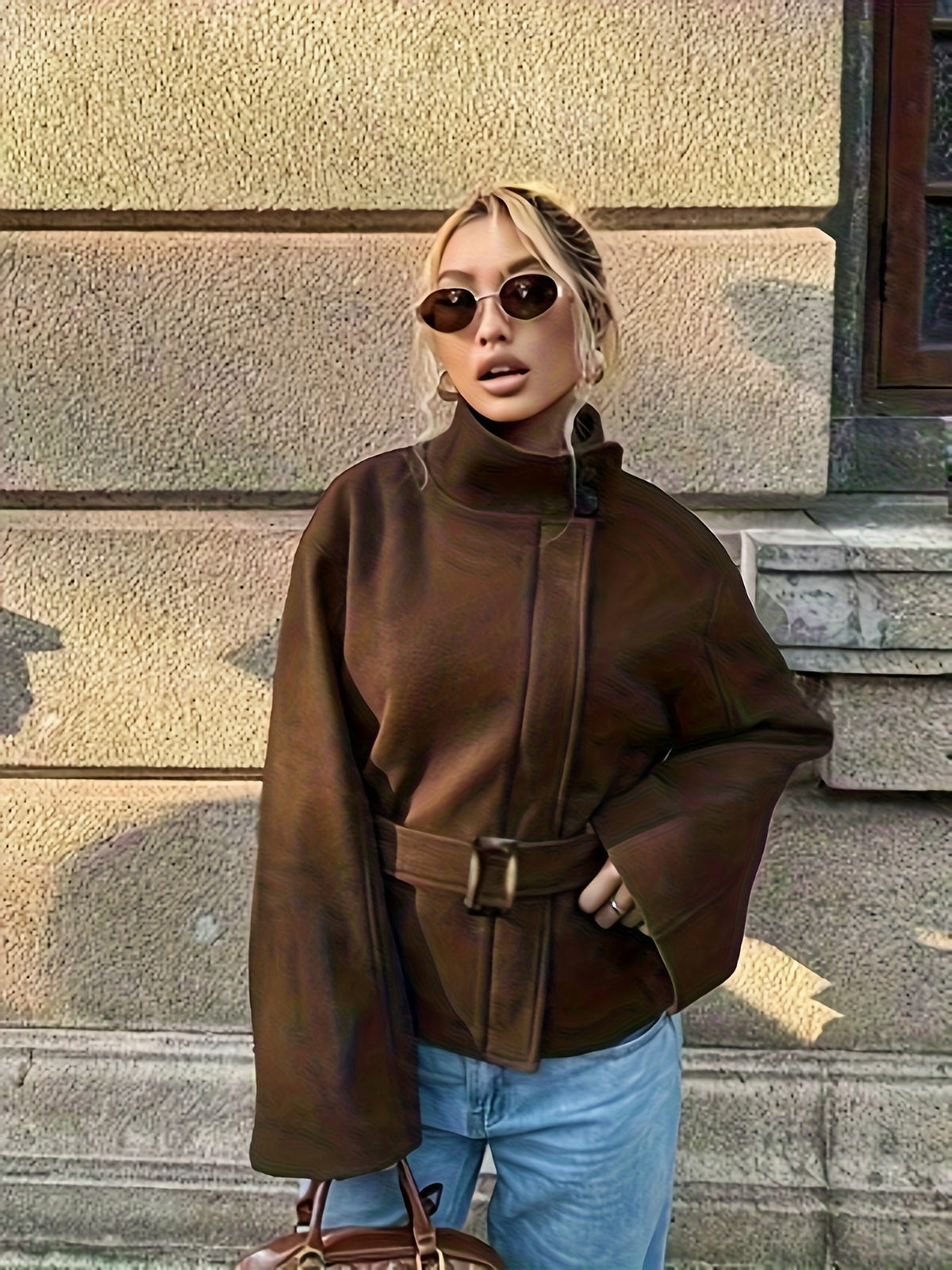 Casaco Feminino Tweed com Cinto Acinturado para Inverno