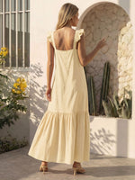 Vestido Longo Feminino de Alça com Decote Quadrado e Saia em Camadas