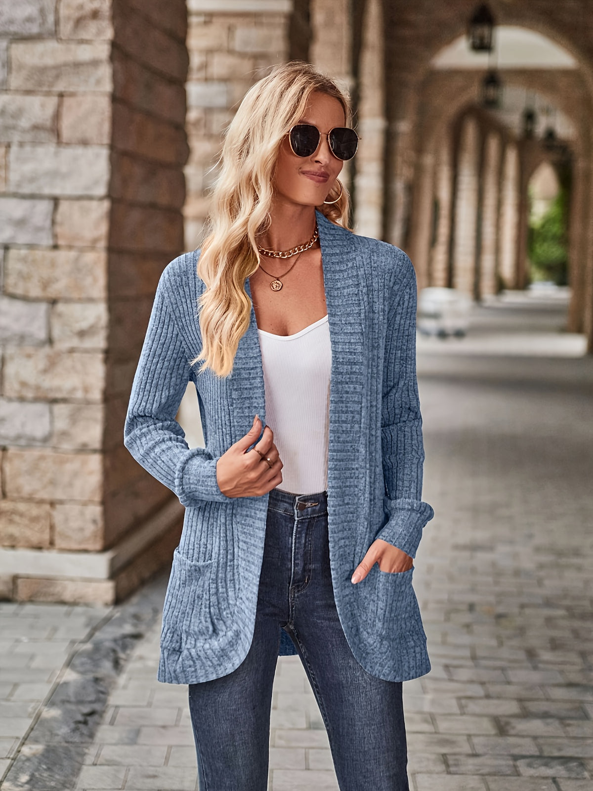 Cardigan Feminino Alongado com Bolsos Frontais