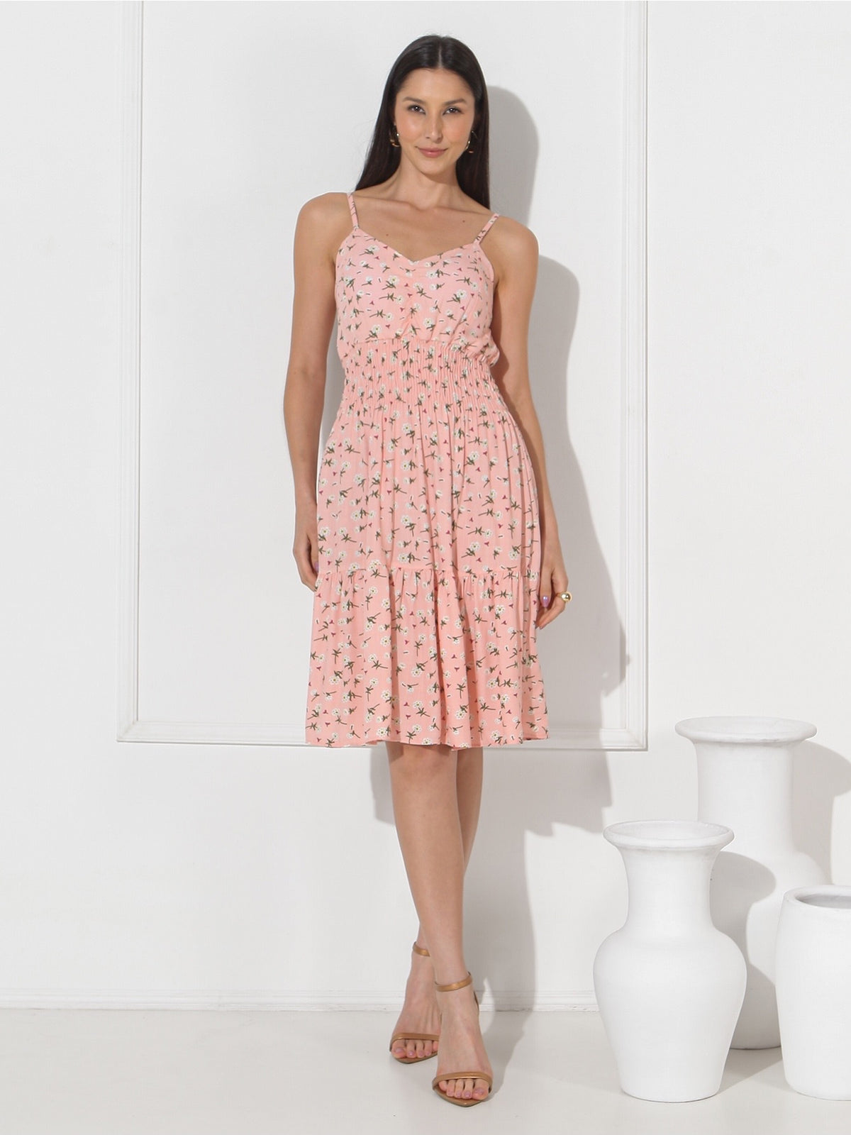 Vestido Midi Floral com Bojo e Alça Ajustável Feminino
