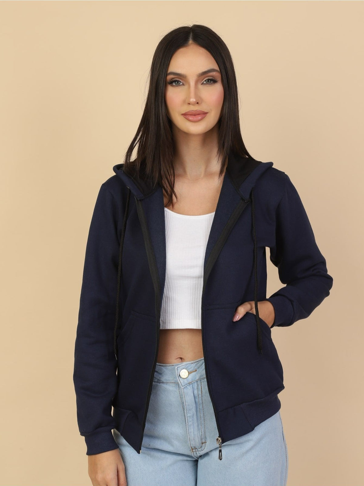 Moletom Feminino com Capuz e Zíper Casual Confortável com Bolsos