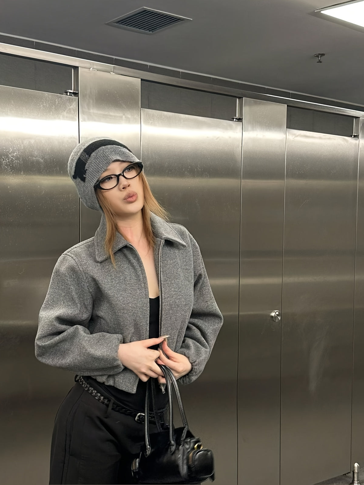 Jaqueta Feminina Tweed com Zíper e Gola Alta para Outono/Inverno