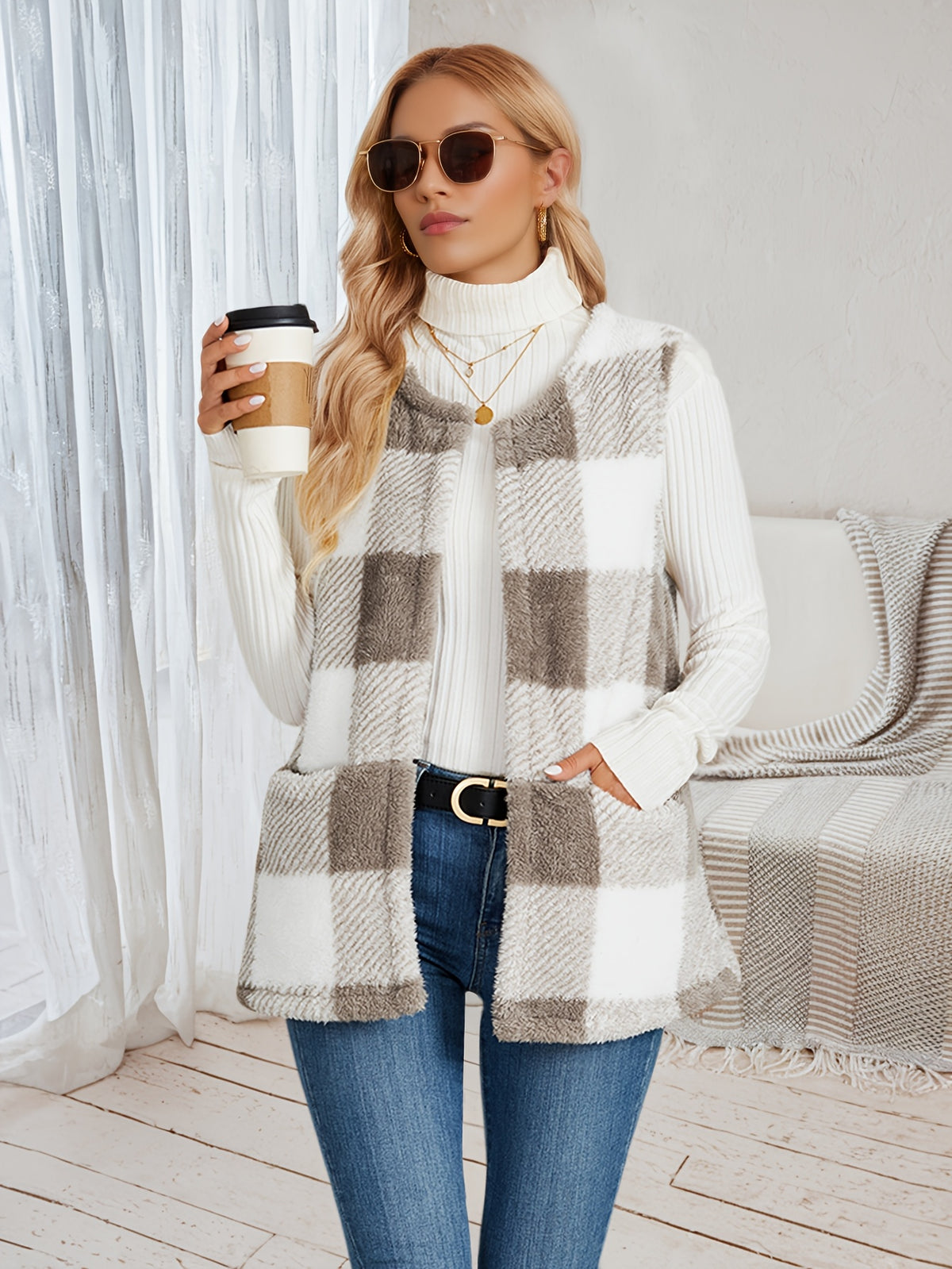 Colete Feminino Xadrez de Pelúcia com Bolsos Casual e Quentinho para o Inverno
