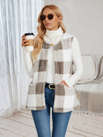Colete Feminino Xadrez de Pelúcia com Bolsos Casual e Quentinho para o Inverno