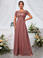 Vestido Chiffon Floral Bordado com Saia Flutuante para Festa