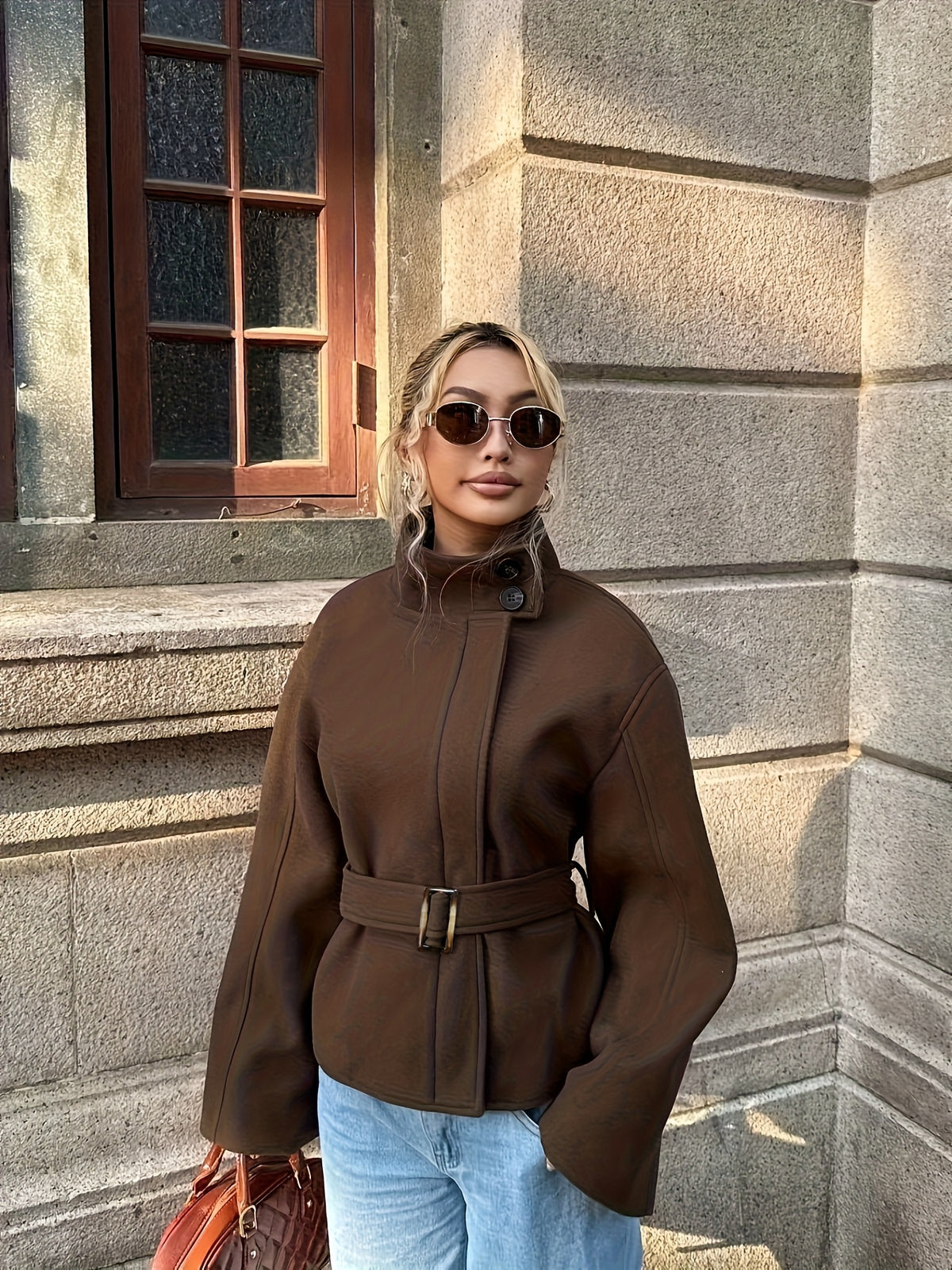 Casaco Feminino Tweed com Cinto Acinturado para Inverno