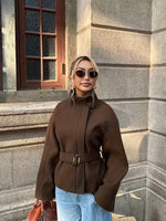 Casaco Feminino Tweed com Cinto Acinturado para Inverno