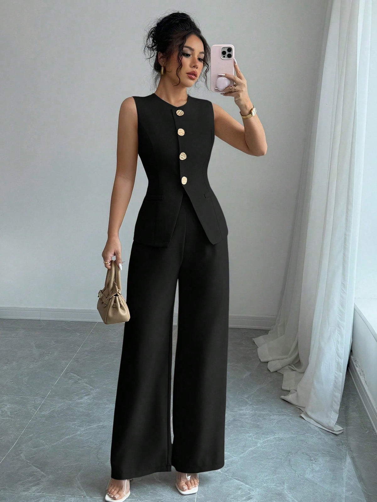 Conjunto Feminino 2 Peças Colete Acinturado e Calça Pantalona