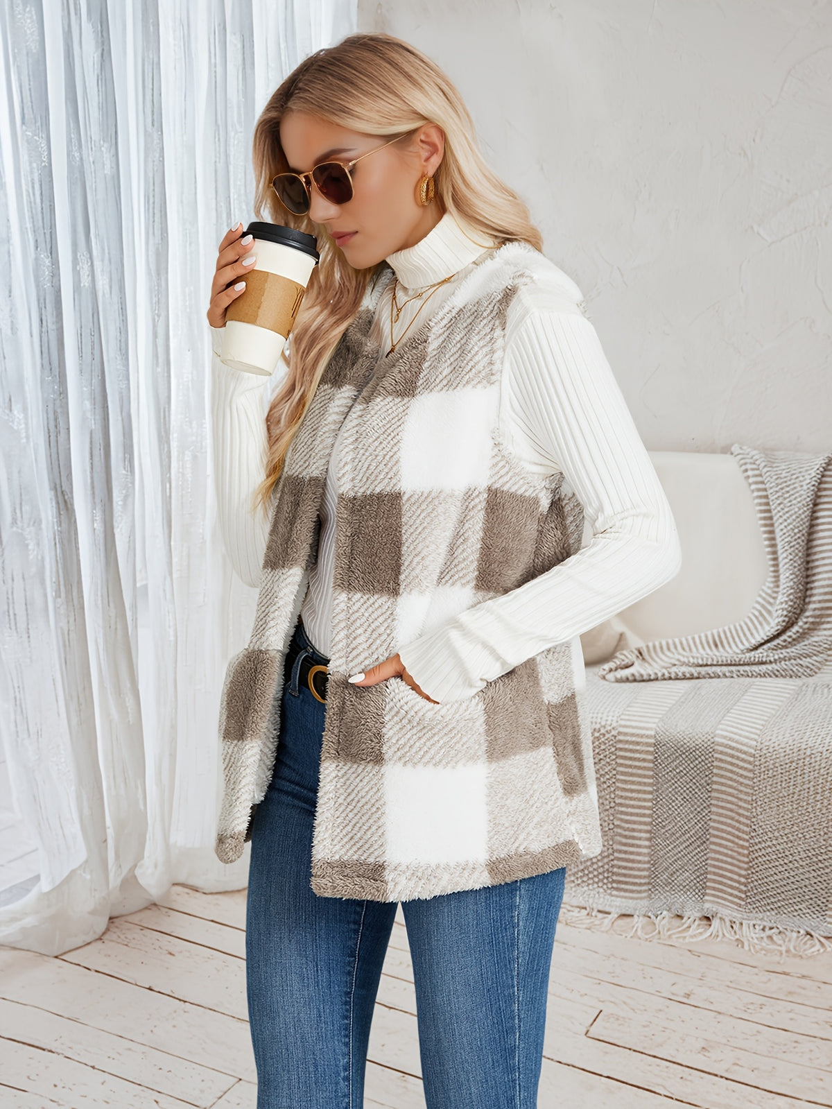 Colete Feminino Xadrez de Pelúcia com Bolsos Casual e Quentinho para o Inverno