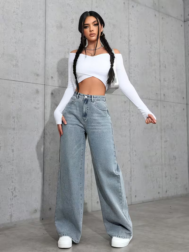 Calça Jeans Feminina Cintura Alta Corte Reto Elegante