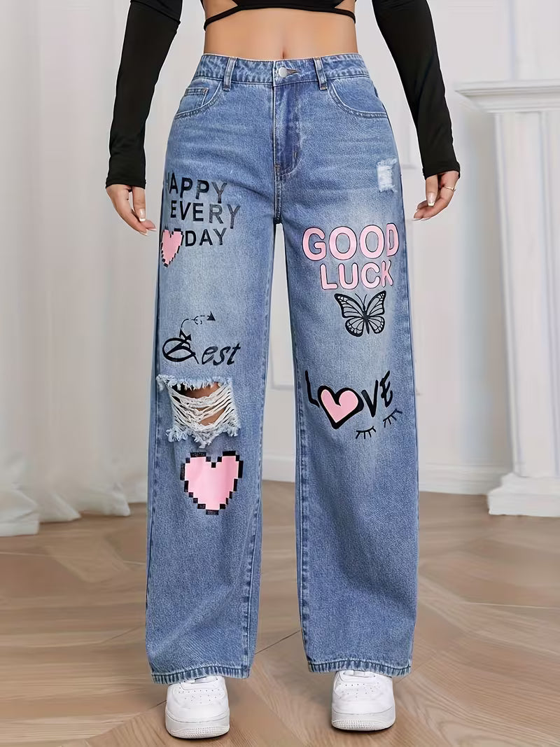 Calça Jeans Feminina Wide Leg Cintura Alta Estampa Retrô