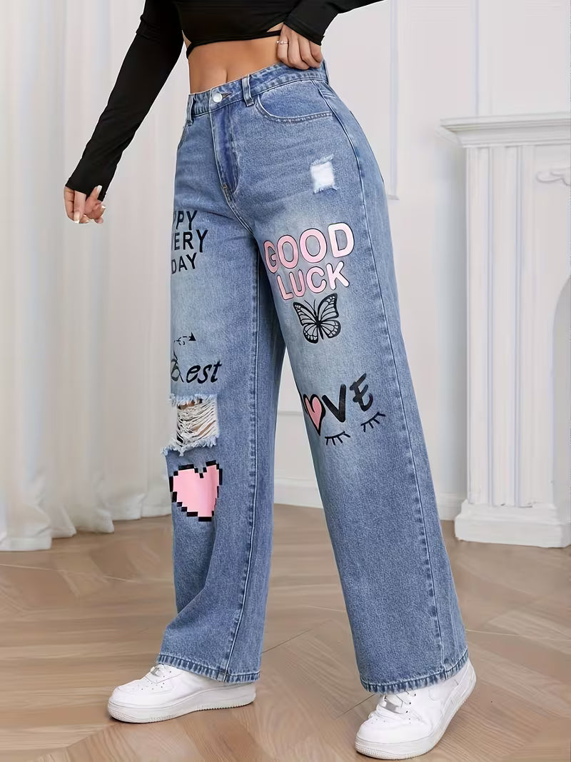 Calça Jeans Feminina Wide Leg Cintura Alta Estampa Retrô