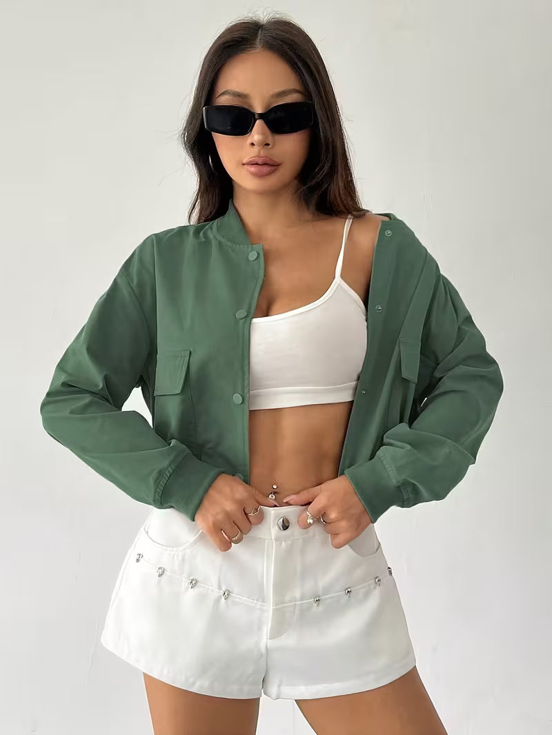 Jaqueta Feminina Cropped com Gola Estilo Bomber Casual