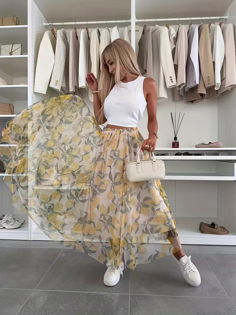 Saia Longa Floral Feminina Cintura Alta Evasê