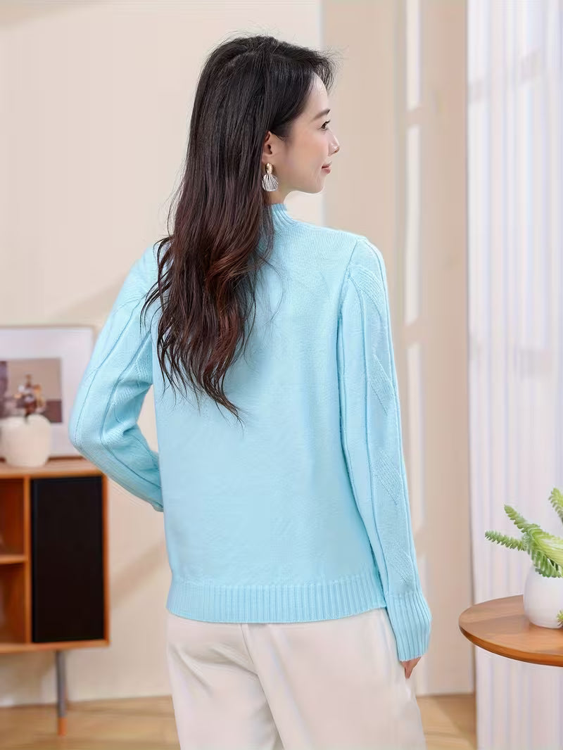 Suéter Feminino Gola Alta de Malha Canelada Manga Longa Elegante