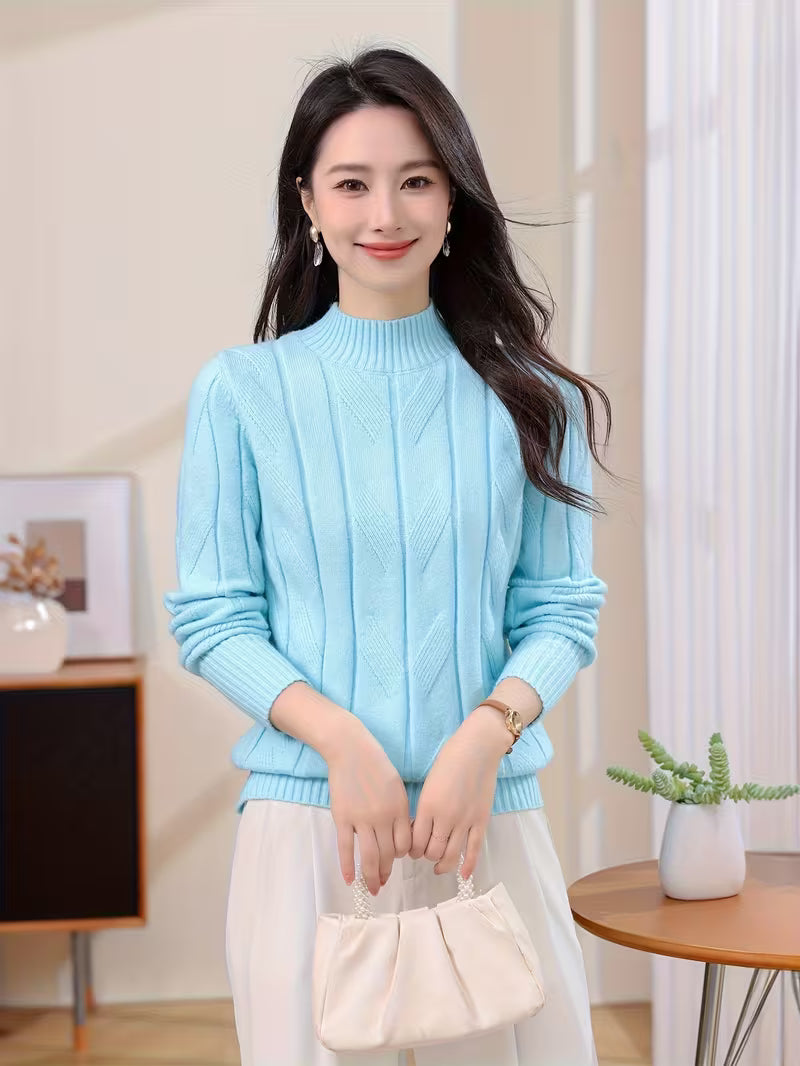 Suéter Feminino Gola Alta de Malha Canelada Manga Longa Elegante