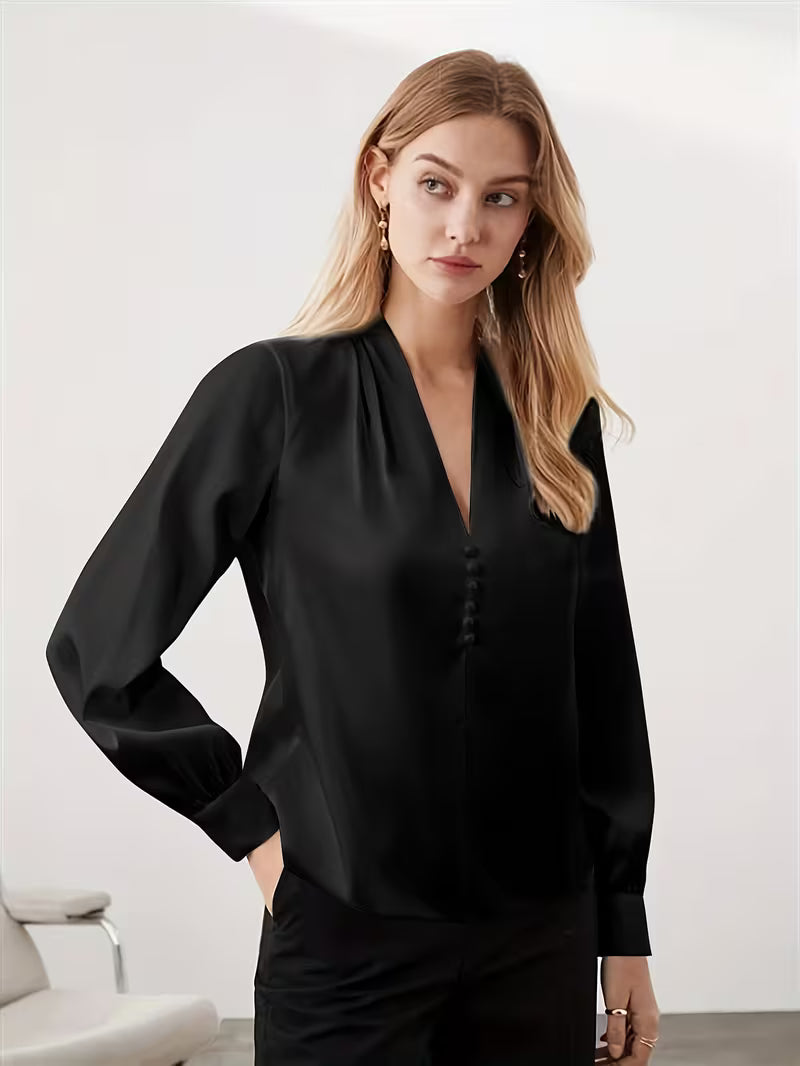 Blusa Feminina de Cetim Manga Longa Decote V Elegante