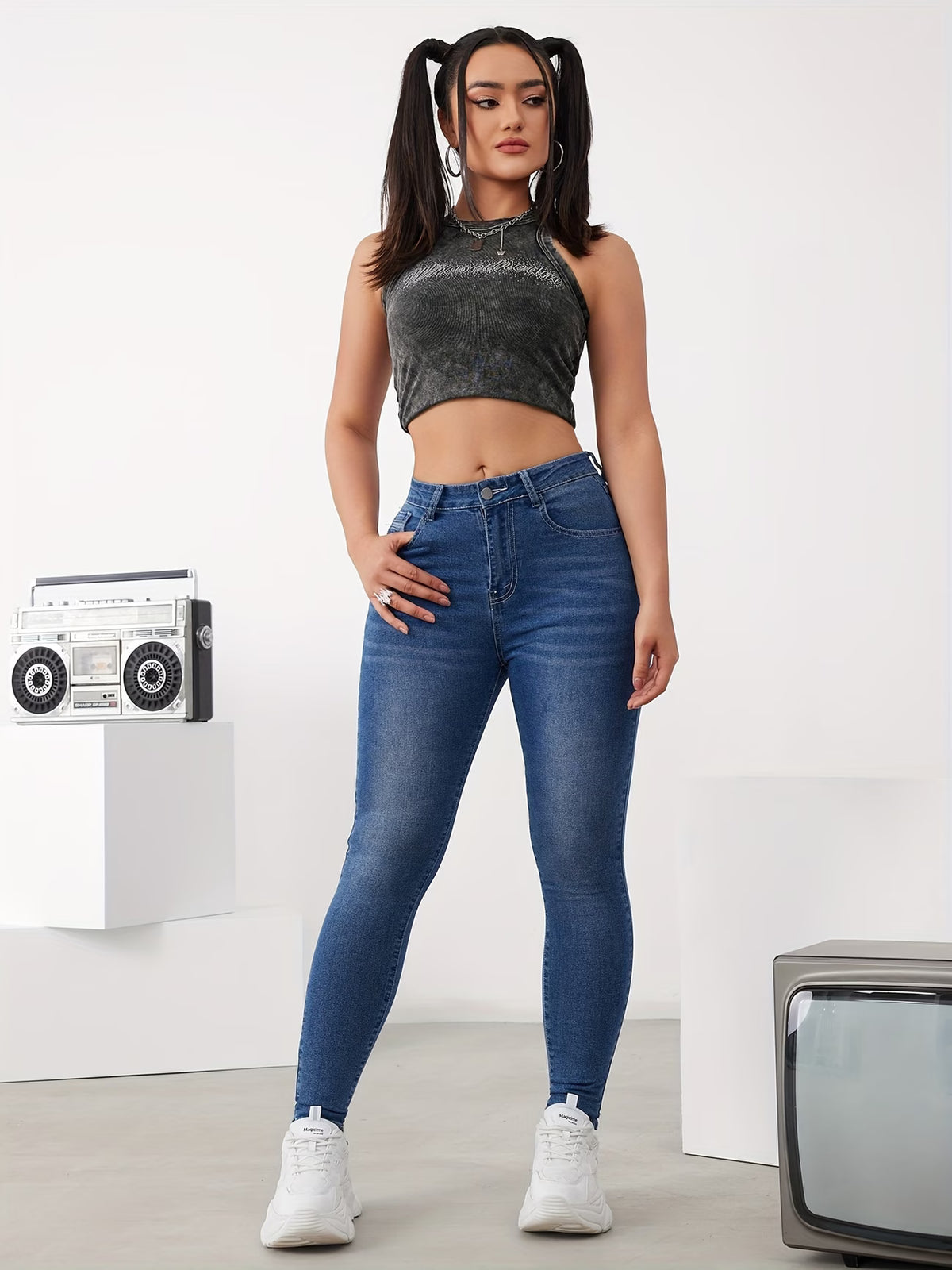 Calça Jeans Skinny Feminina Cintura Alta Alta Elasticidade
