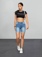 Bermuda Jeans Feminina Azul com Barra Dobrada e Alta Elasticidade