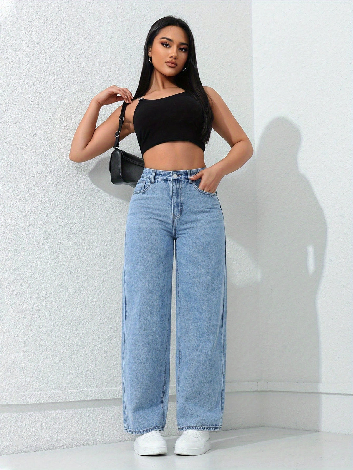 Calça Jeans Feminina Wide Leg Cintura Alta Azul Claro