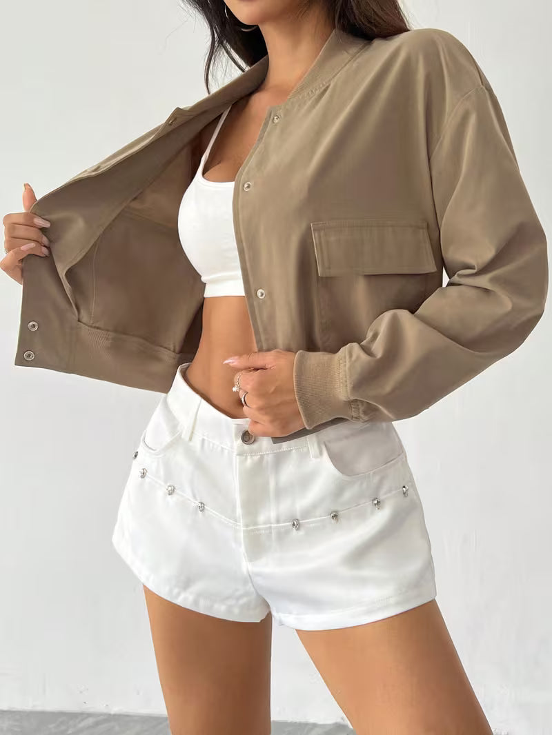Jaqueta Feminina Cropped com Gola Estilo Bomber Casual