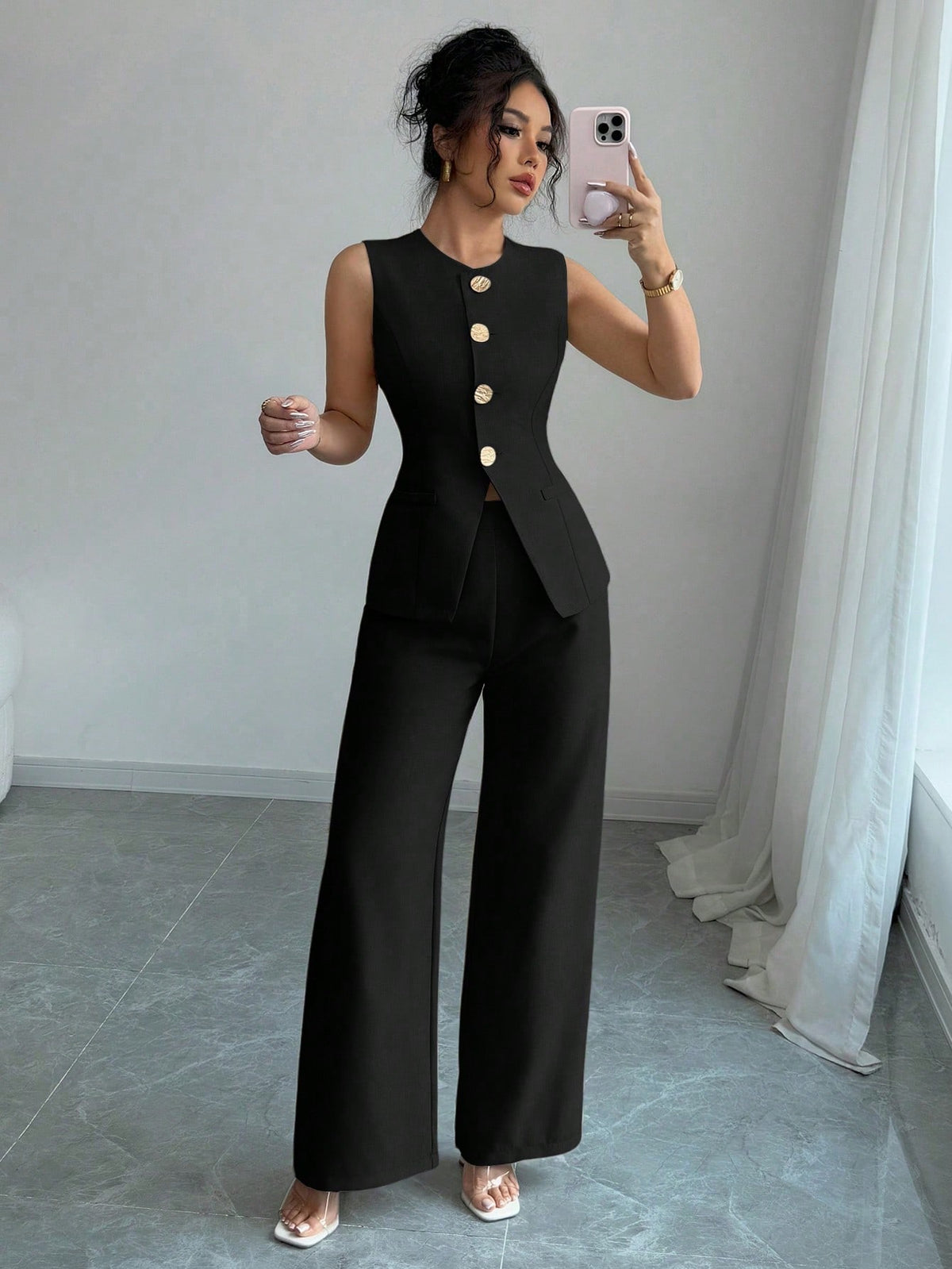 Conjunto Feminino 2 Peças Colete Acinturado e Calça Pantalona