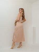 Vestido Midi Elegante com Fenda e Decote Feminino