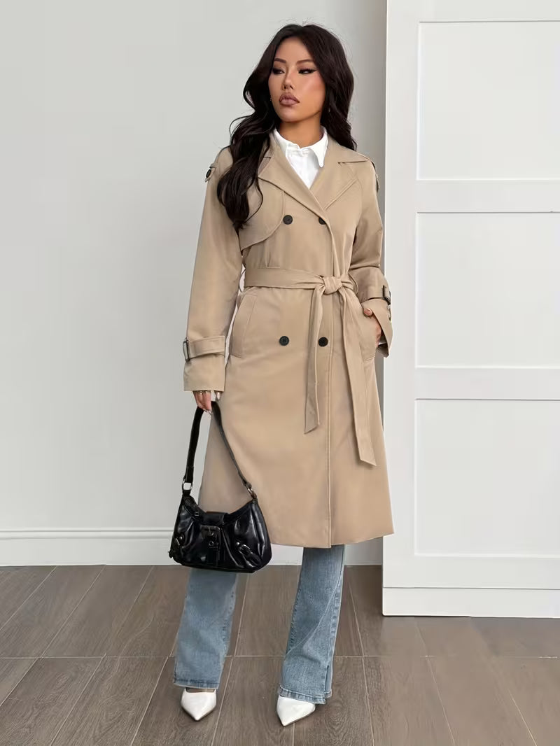 Casaco Trench Feminino Longo Dupla Abotoadura Elegante Inverno