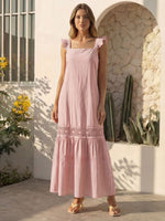 Vestido Longo Feminino de Alça com Decote Quadrado e Saia em Camadas