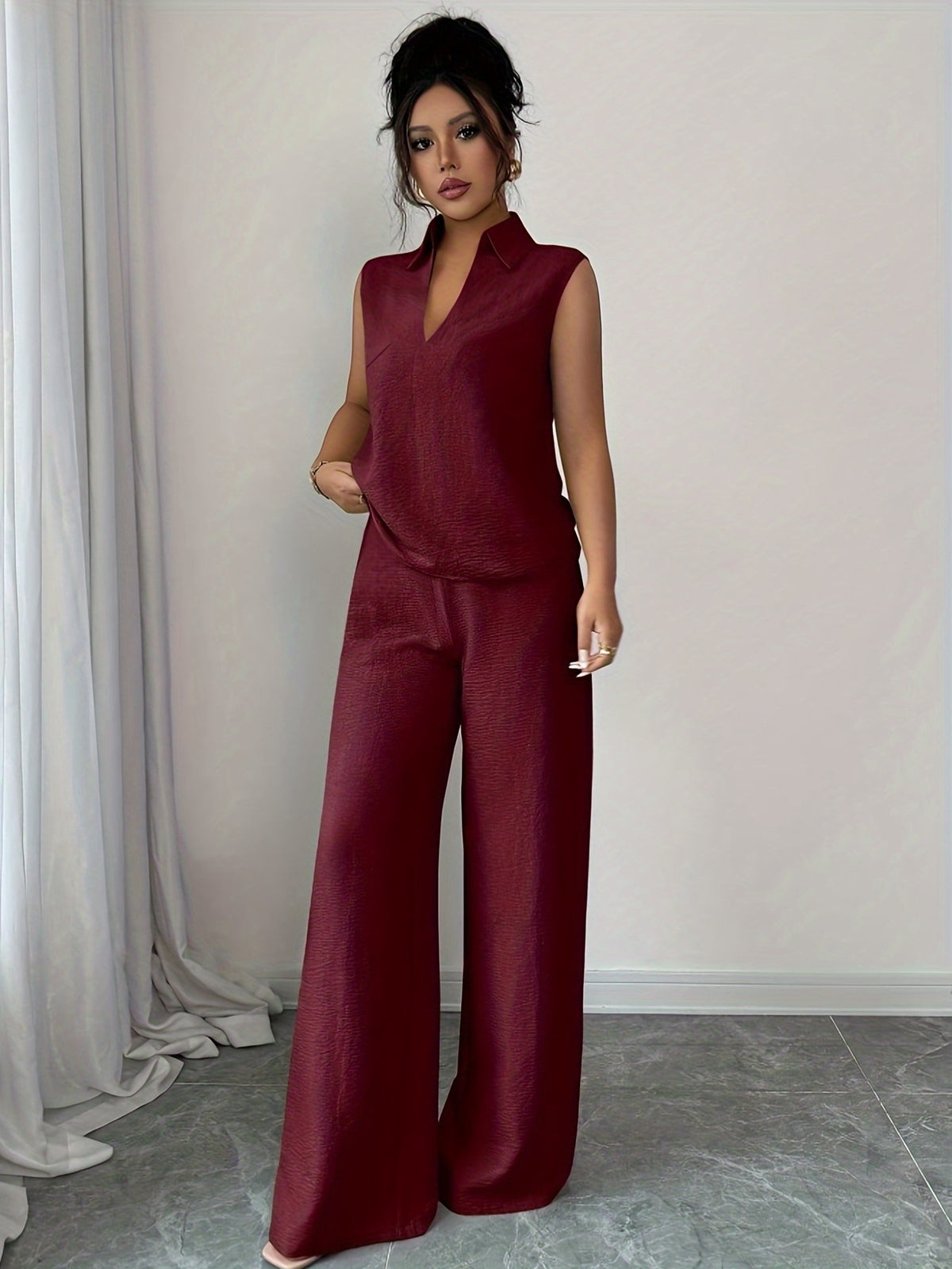 Conjunto Feminino 2 Peças em Tecido Texturizado com Calça Pantalona