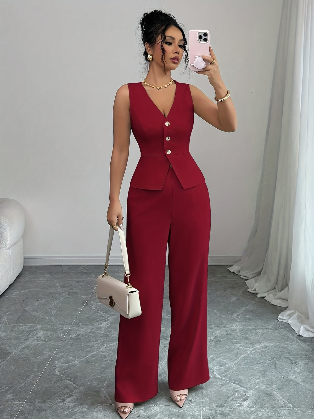 Conjunto Feminino 2 Peças Colete e Calça Pantalona Elegante