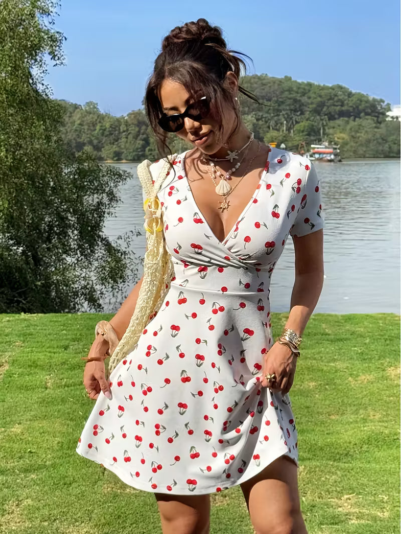 Vestido Curto Evasê Feminino com Estampa de Cereja