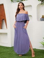 Vestido Longo Ombros de Fora com Fenda Elegante