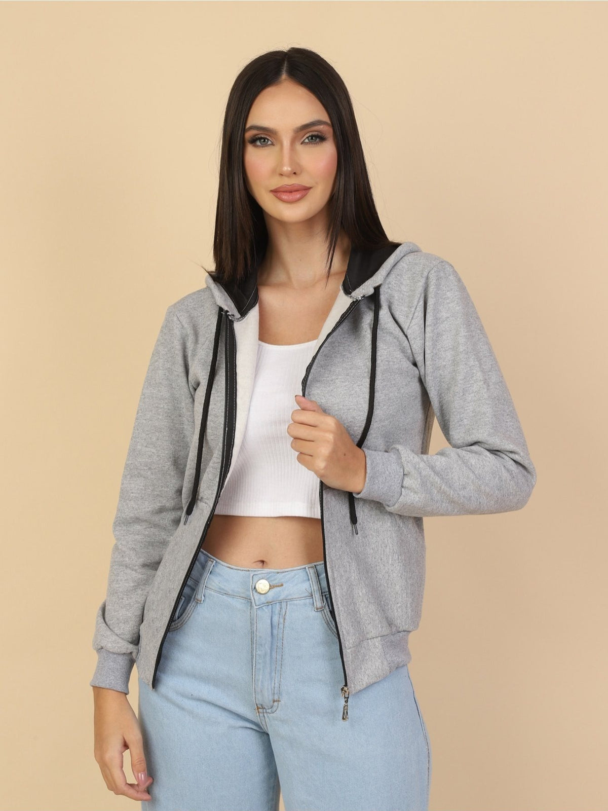 Moletom Feminino com Capuz e Zíper Casual Confortável com Bolsos