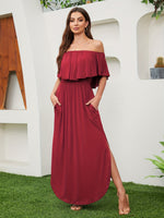 Vestido Longo Ombros de Fora com Fenda Elegante