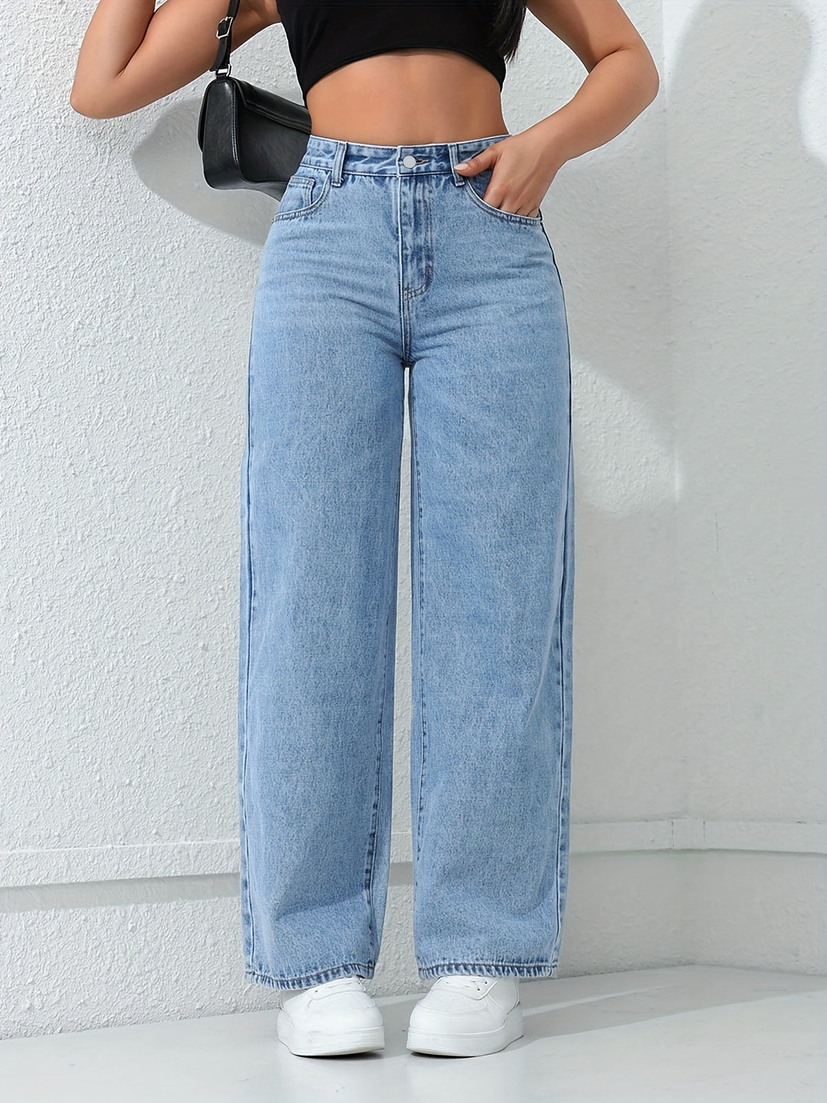Calça Jeans Feminina Wide Leg Cintura Alta Azul Claro