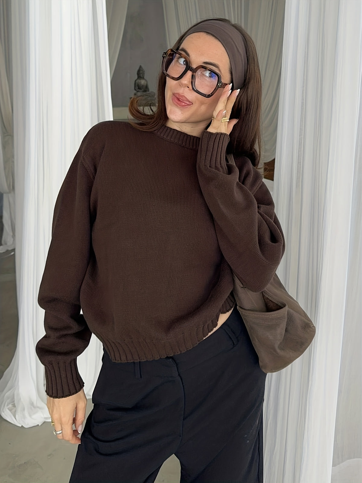 Suéter Feminino de Malha Manga Longa Casual Inverno Elegante
