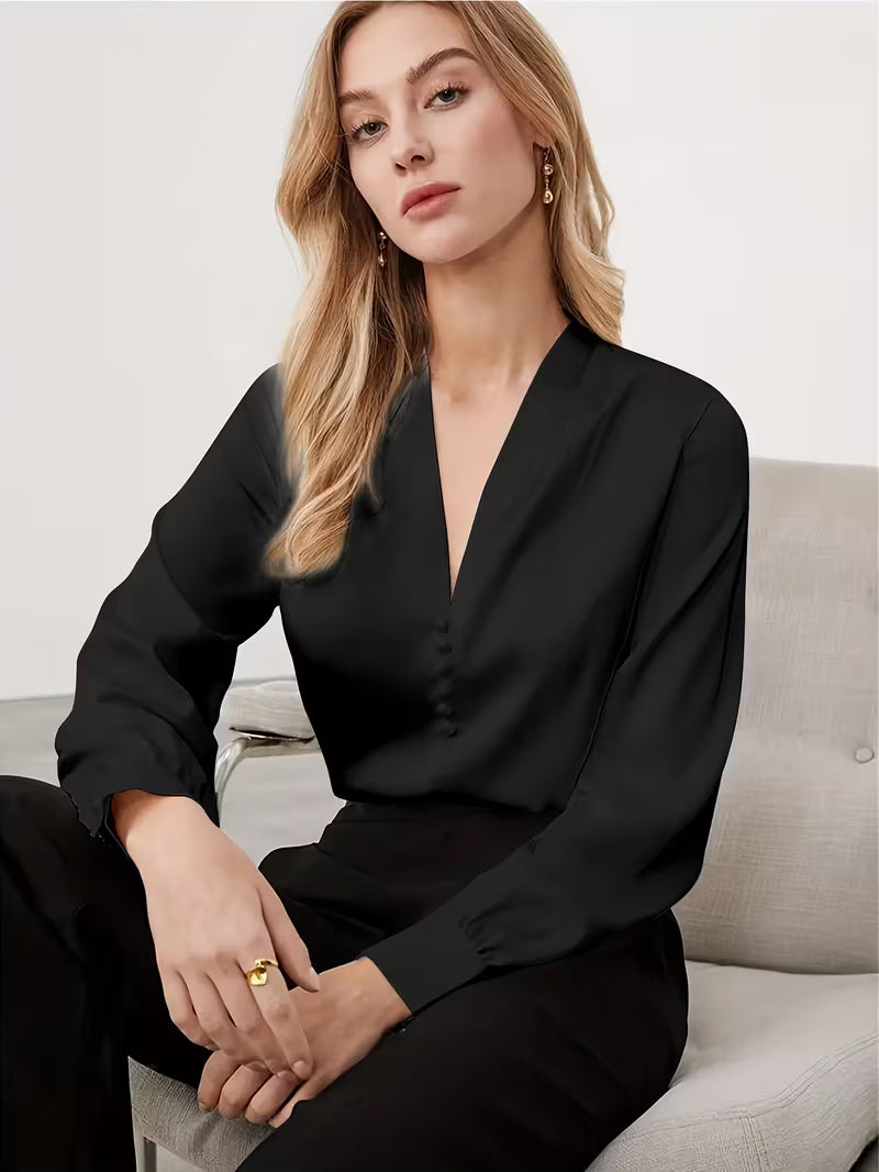 Blusa Feminina de Cetim Manga Longa Decote V Elegante