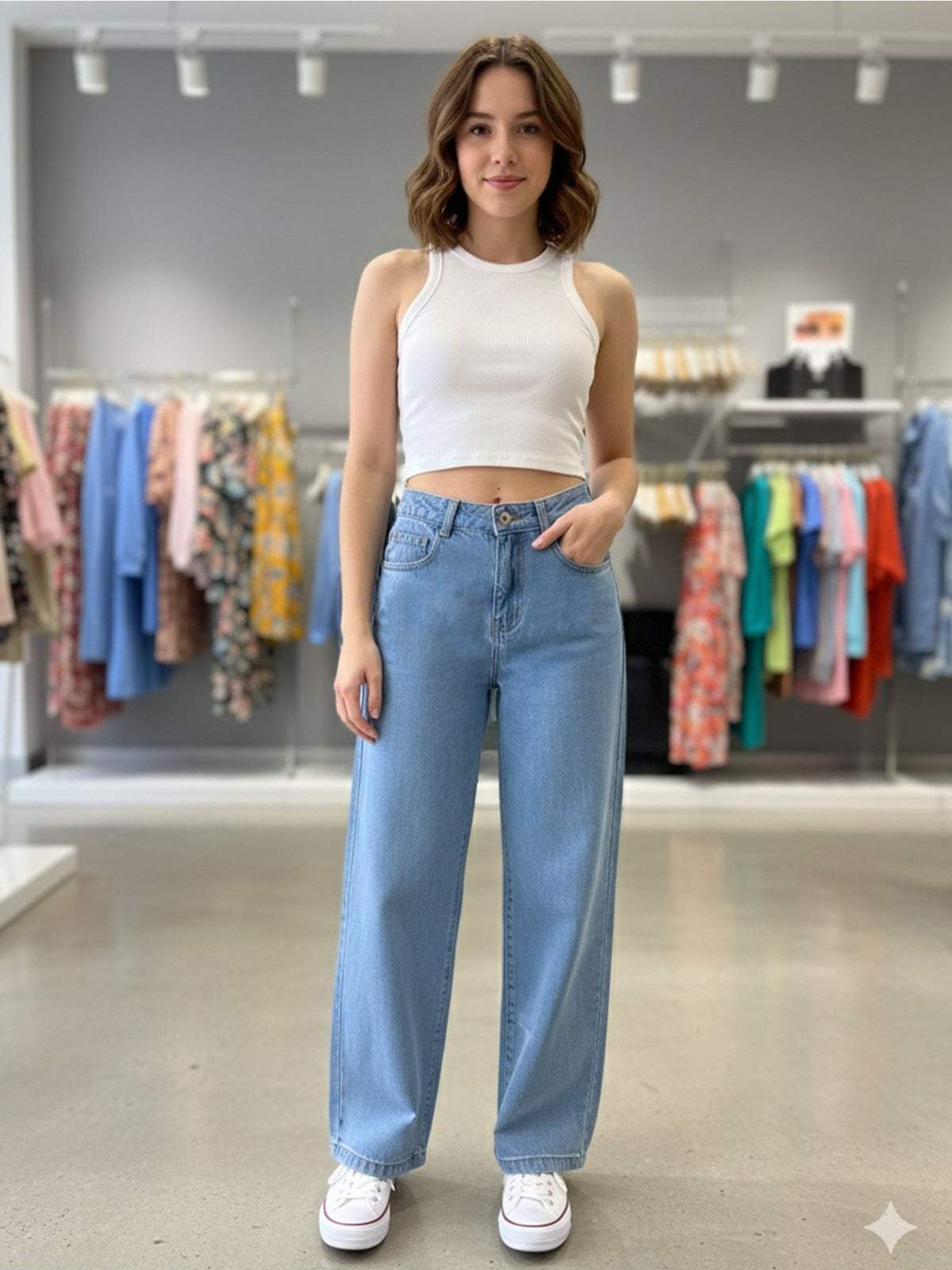 Calça Jeans Feminina Pantalona Cintura Alta