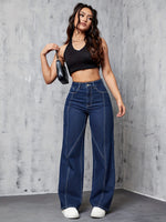 Calça Jeans Feminina Wide Leg Cintura Alta Azul Escuro